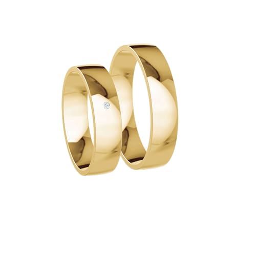 JC Trauringe Gold 333 Paarpreis Poliert I Traumhafte Eheringe breit 5 mm I Partnerringe Gelbgold mit Gravur in edler Schatulle I Klassische Hochzeitsringe Herrenring & Damenring mit Stein (Profil 14) von JC Trauringe