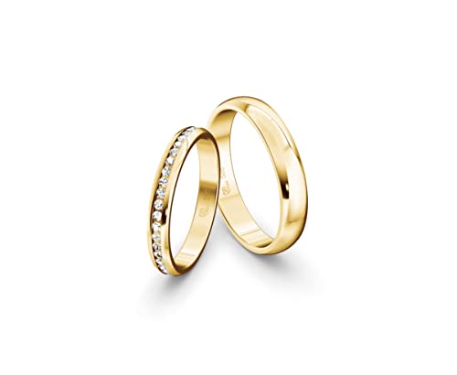 JC Trauringe Gold 585 Gold Paarpreis Poliert I Partnerringe Gelbgold mit Gravur in edler Schatulle I 2 Hochzeitsringe Herrenring ohne & Damenring mit Zirkoniasteine I ICT39 von JC Trauringe