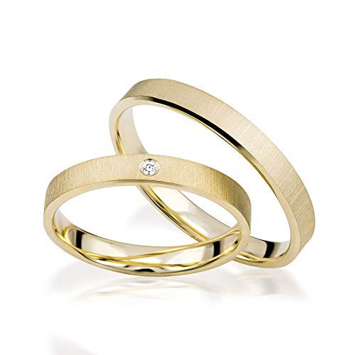 JC Trauringe Gold 750 Paarpreis Matt I Traumhafte Eheringe 3 mm breit I Einzigartige Partnerringe Gelbgold mit Gravur in edler Schatulle I 2 Hochzeitsringe Herrenring & Damenring mit Stein I J181 von JC Trauringe