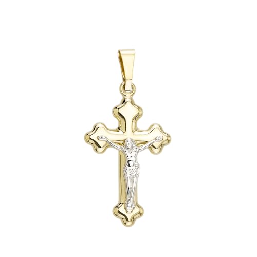 JC Trauringe Gold Anhänger Kreuz mit Jesus Korpus in Echt 585 Gold klassische, schlichte religiöse Goldkreuze Goldanhänger Goldschmuck Unisex Herren Schmuck in Bicolor inkl. Schmucketui 8577 von JC Trauringe