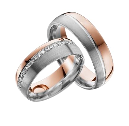 JC Trauringe I Eheringe breit 6,5 mm I Partnerringe mit Gravur in edler Schatulle I Gold Paarpreis Bicolor Rotgold und Weißgold 2 Hochzeitsringe Damenring mit Steine I LC104 von JC Trauringe