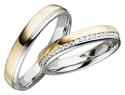 JC Trauringe Silber 925 Paarpreis Eheringe Gelbgold Weißgold Plattiert 4,0mm breit I Partnerringe mit Gravur in edler Schatulle I 2 Hochzeitsringe Herrenring ohne & Damenring mit Steinen I LCC125 von JC Trauringe