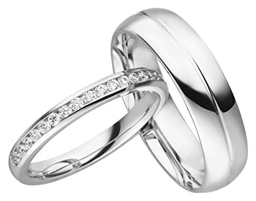 JC Trauringe Silber 925 Paarpreis Eheringe I Traumhafte Verlobungsringe Partnerringe mit Gravur in edler Schatulle I 2 Hochzeitsringe Herrenring 6,0 mm & Damenring mit Steinen 2,7 mm I LC105-S von JC Trauringe