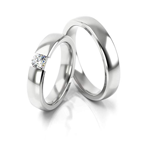JC Trauringe Silber 925 Paarpreis Eheringe Silber I Verlobungsringe Silber breit 4,5 mm I Partnerringe mit Gravur in edler Schatulle I 2 Hochzeitsringe Herrenring & Damenring mit Stein I PL161-S von JC Trauringe