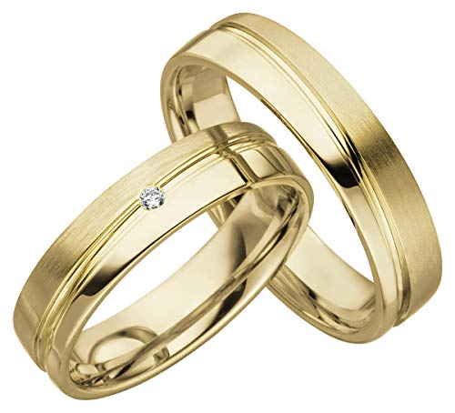 JC Trauringe aus 585er Gold | Paar-Preis Ehe-Ringe mit kostenfreier Gravur I Partnerringe Hochzeitsringe 4,5 mm breit inkl. Etui-Box | Herren-Ring ohne & Damen-Ring mit Zirkonia-Stein C059 von JC Trauringe