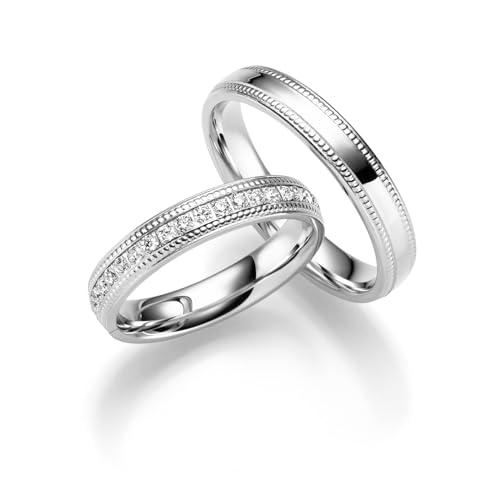JC Trauringe aus 925 Sterling Silber | Paar-Preis Ehe-Ringe mit kostenfreier Gravur I Partnerringe Verlobungsringe 4 mm breit inkl. Etui-Box I Herren-Ring ohne & Damen-Ring mit Zirkonia-Steinen IT24-S von JC Trauringe