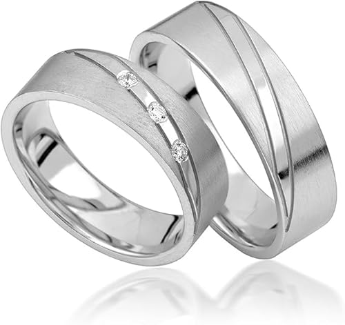 JC Trauringe aus 925 Sterling Silber Paar-Preis Ehe-Ringe mit kostenfreier Gravur I Partnerringe Verlobungsringe 6 mm breit inkl. Etui-Box I Herren-Ring ohne & Damen-Ring mit Zirkonia-Steinen I S054-S von JC Trauringe