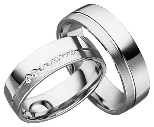 JC Trauringe aus 925 Sterling Silber Paar-Preis Ehe-Ringe mit kostenfreier Gravur I Partnerringe Verlobungsringe 6 mm breit inkl. Etui-Box I Herren-Ring ohne & Damen-Ring mit Zirkonia-Steinen I S027 von JC Trauringe
