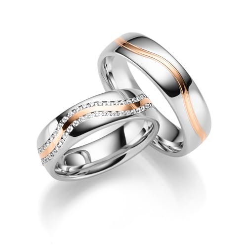 JC Trauringe aus 925 Sterling Silber | Paar-Preis Ehe-Ringe mit kostenfreier Gravur I Partnerringe Verlobungsringe 6 mm breit inkl. Etui-Box I Herren-Ring ohne & Damen-Ring mit Zirkonia-Steinen IT13-S von JC Trauringe
