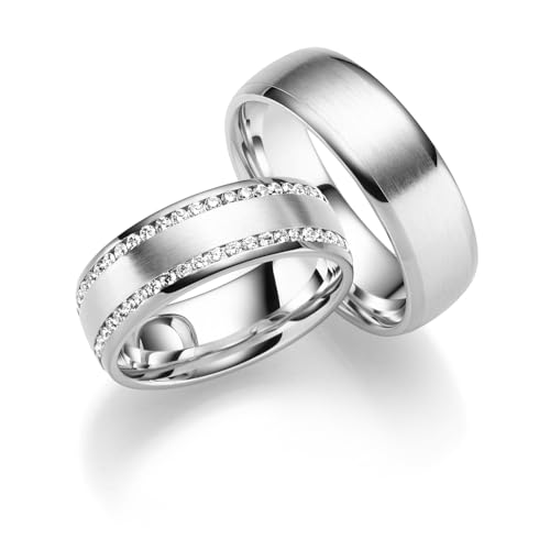 JC Trauringe aus 925 Sterling Silber | Paar-Preis Ehe-Ringe mit kostenfreier Gravur I Partnerringe Verlobungsringe 7 mm breit inkl. Etui-Box I Herren-Ring ohne & Damen-Ring mit Zirkonia-Steinen IT27-S von JC Trauringe