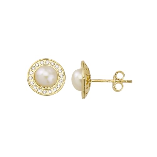 Ohrstecker Ohrringe in runder Form mit Perle in Echt 585 Gold klassische, schlichte Ohrringe Ohrschmuck mit Zirkonia Steine Damen Schmuck Goldstecker in Gelbgold inkl. Schmucketui | JC Trauringe 8528 von JC Trauringe