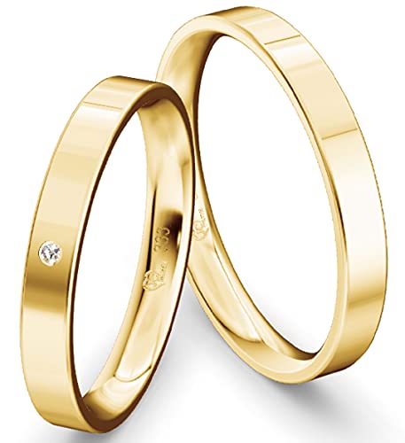 JC Trauringe Gelbgold 333 Paarpreis Eheringe Gold I Verlobungsringe Gold breit 3,0 mm I Partnerringe mit Gravur in edler Schatulle I 2 Hochzeitsringe Herrenring & Damenring mit Stein I Profil 01 von JC Trauringe