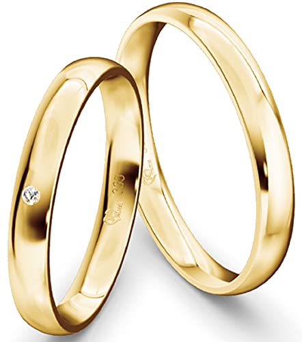 JC Trauringe Gelbgold 333 Paarpreis Eheringe Gold I Verlobungsringe Gold breit 3,0 mm I Partnerringe mit Gravur in edler Schatulle I 2 Hochzeitsringe Herrenring & Damenring mit Stein I Profil 11 von JC Trauringe