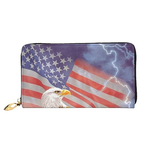 JCAKES Geldbörse Frauen, Lange Leder Reißverschluss Geldbörse Karte Telefon Halter Fall Frauen Clutch Münze Organizer Brieftasche Adler mit USA Flagge, Schwarz , Einheitsgröße von JCAKES