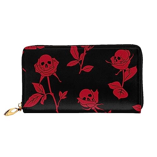 JCAKES Geldbörse für Damen, mit Reißverschluss, lange Leder-Geldbörse, Clutch, Totenkopf, Rose, Schwarz , Einheitsgröße von JCAKES