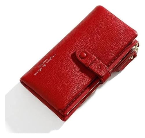 JCAKES Geldbörsen Brieftasche Damen Pu Leder Geldbörse Bifold Lange Münzen Tasche Gefaltet Reißverschluss Tragbare Geldbörsen Unisex Kartenhalter Reißfest Einfach (Color : Red, Size : 10x19cm) von JCAKES