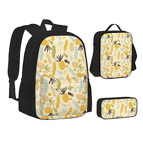 JCAKES Kinder Schultasche Rucksack Ananas-Muster Reise Tagesrucksack Lunchtasche Federmäppchen 3 in 1 Rucksäcke Sets Schwarz, Schwarz , Einheitsgröße, Kinderrucksack von JCAKES