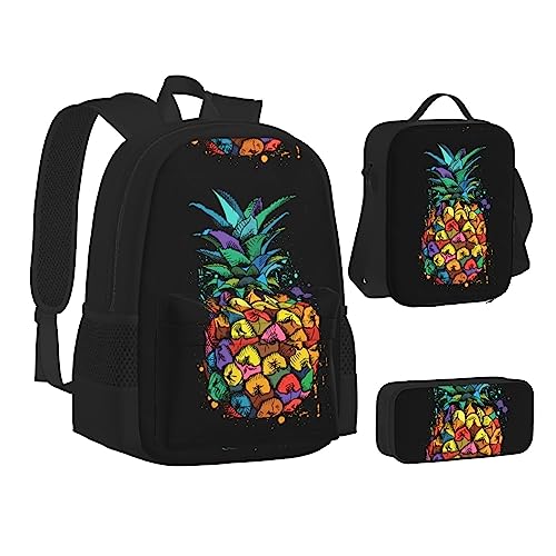 JCAKES Kinder Schultasche Rucksack Bunte Ananas Reise Tagesrucksack Lunchtasche Federmäppchen 3 in 1 Rucksäcke Sets schwarz, Schwarz , Einheitsgröße, Kinderrucksack von JCAKES