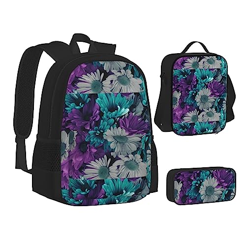 JCAKES Kinder Schultasche Rucksack Bunte Blumen Reise Tagesrucksack Lunchtasche Federmäppchen 3 in 1 Rucksäcke Sets schwarz, Schwarz , Einheitsgröße, Kinderrucksack von JCAKES