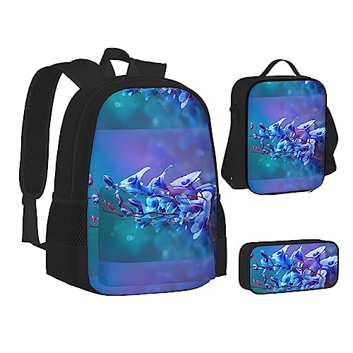 JCAKES Kinder Schultasche Rucksack Bunte Orchideen Blumen Reise Tagesrucksack Lunchtasche Federmäppchen 3 in 1 Rucksäcke Sets Schwarz, Schwarz , Einheitsgröße, Kinderrucksack von JCAKES