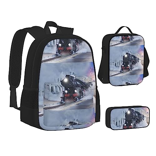 JCAKES Kinder Schultasche Rucksack Dampfzug Abfahrt Sonnenuntergang Reise Tagesrucksack Lunchtasche Federmäppchen 3 in 1 Rucksäcke Sets Schwarz, Schwarz , Einheitsgröße, Kinderrucksack von JCAKES