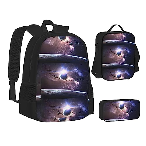 JCAKES Kinder Schultasche Rucksack Erde und Mond Reise Tagesrucksack Lunchtasche Federmäppchen 3 in 1 Rucksäcke Sets Schwarz, Schwarz , Einheitsgröße, Kinderrucksack von JCAKES