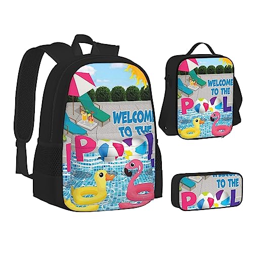 JCAKES Kinder Schultasche Rucksack Flamingo und Schwimmbad Reise Tagesrucksack Lunchtasche Federmäppchen 3 in 1 Rucksäcke Sets Schwarz, Schwarz , Einheitsgröße, Kinderrucksack von JCAKES