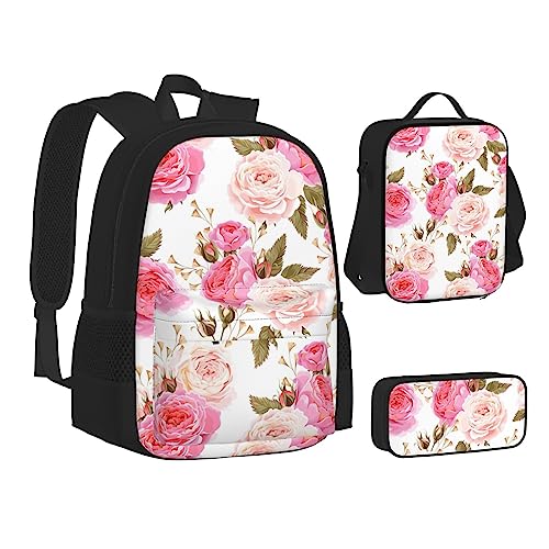 JCAKES Kinder Schultasche Rucksack Floral Blume Rose Rosa Reise Tagesrucksack Lunchtasche Federmäppchen 3 in 1 Rucksäcke Sets Schwarz, Schwarz , Einheitsgröße, Kinderrucksack von JCAKES