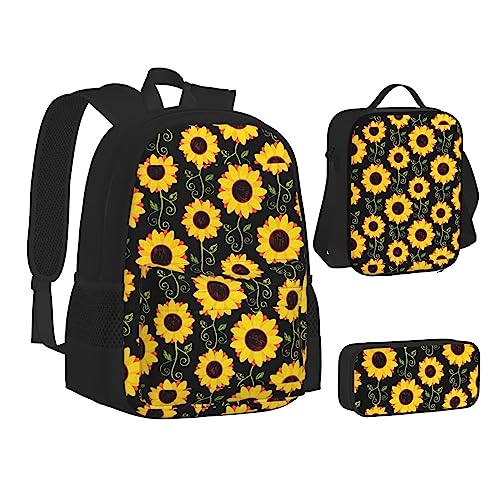 JCAKES Kinder Schultasche Rucksack Floral Sonnenblume Reise Tagesrucksack Lunchtasche Federmäppchen 3 in 1 Rucksäcke Sets Schwarz, Schwarz , Einheitsgröße, Kinderrucksack von JCAKES