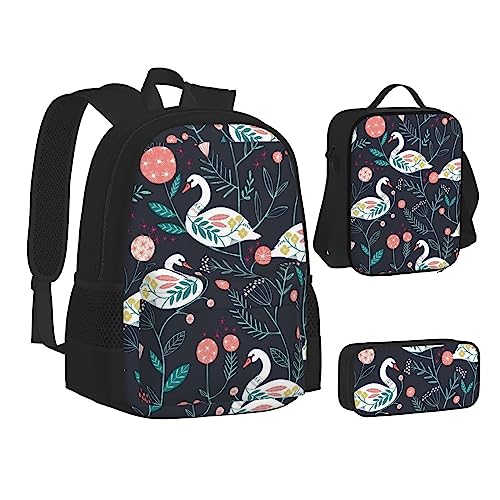 JCAKES Kinder Schultasche Rucksack Floral Swan Travel Daypack Lunch Bag Pencil Case 3 in 1 Rucksäcke Sets Schwarz, Schwarz , Einheitsgröße, Kinderrucksack von JCAKES