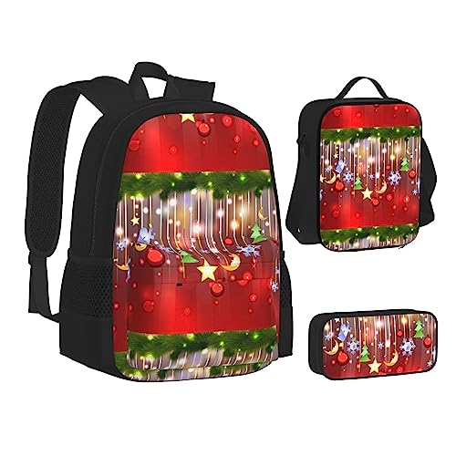 JCAKES Kinder Schultasche Rucksack Frohe Weihnachten Reise Tagesrucksack Lunchtasche Federmäppchen 3 in 1 Rucksäcke Sets Schwarz, Schwarz , Einheitsgröße, Kinderrucksack von JCAKES