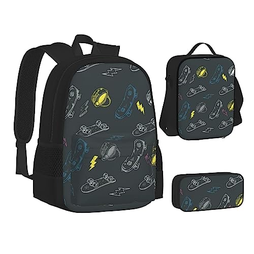 JCAKES Kinder Schultasche Rucksack Graffiti Skateboard Reise Tagesrucksack Lunchtasche Federmäppchen 3 in 1 Rucksäcke Sets Schwarz, Schwarz , Einheitsgröße, Kinderrucksack von JCAKES