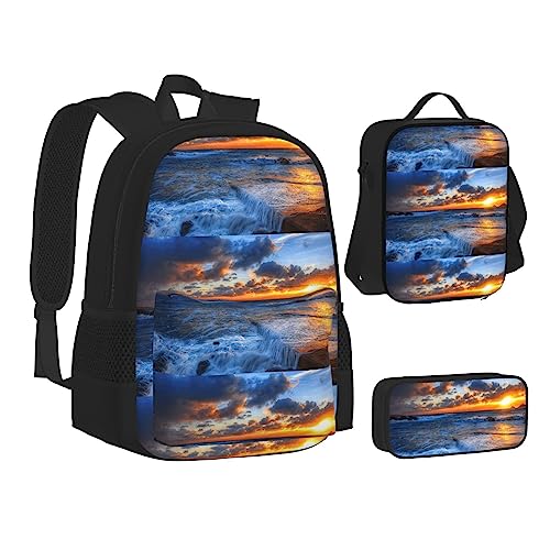 JCAKES Kinder Schultasche Rucksack Hübsche Hintergründe Natur Sonnenuntergang Reise Tagesrucksack Lunchtasche Federmäppchen 3 in 1 Rucksäcke Sets Schwarz, Schwarz , Einheitsgröße, Kinderrucksack von JCAKES