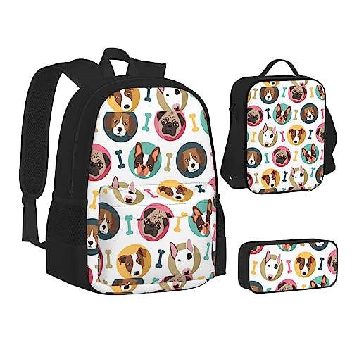 JCAKES Kinder Schultasche Rucksack Hunde Muster Reise Tagesrucksack Lunchtasche Federmäppchen 3 in 1 Rucksäcke Sets Schwarz, Schwarz , Einheitsgröße, Kinderrucksack von JCAKES