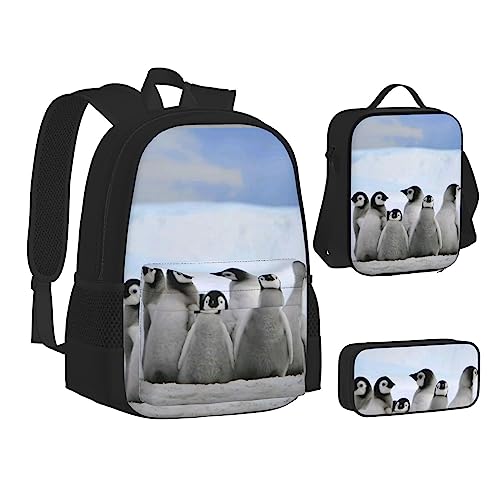 JCAKES Kinder Schultasche Rucksack Junge Pinguine mit Schnee Reise Tagesrucksack Lunchtasche Federmäppchen 3 in 1 Rucksäcke Sets Schwarz, Schwarz , Einheitsgröße, Kinderrucksack von JCAKES