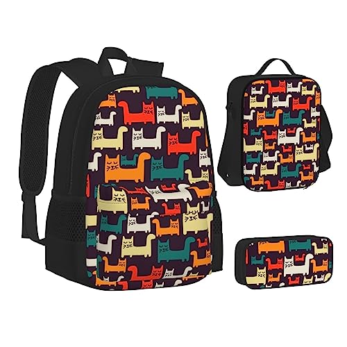 JCAKES Kinder Schultasche Rucksack Katze Reise Tagesrucksack Lunchtasche Federmäppchen 3 in 1 Rucksäcke Sets Schwarz, Schwarz , Einheitsgröße, Kinderrucksack von JCAKES