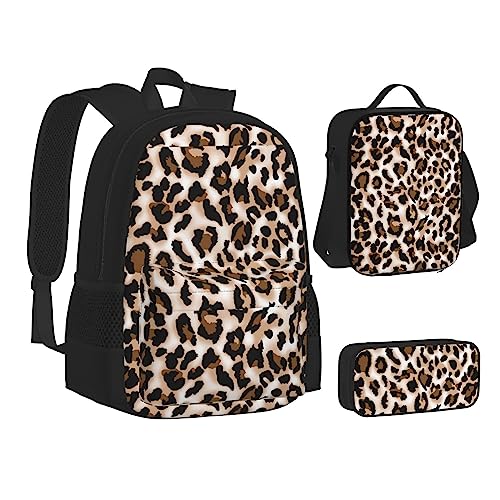 JCAKES Kinder Schultasche Rucksack Leopard Print Reise Tagesrucksack Lunchtasche Federmäppchen 3 in 1 Rucksäcke Sets Schwarz, Schwarz , Einheitsgröße, Kinderrucksack von JCAKES