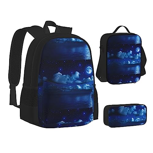 JCAKES Kinder Schultasche Rucksack Mondlicht Nacht Reise Tagesrucksack Lunchtasche Federmäppchen 3 in 1 Rucksäcke Sets Schwarz, Schwarz , Einheitsgröße, Kinderrucksack von JCAKES