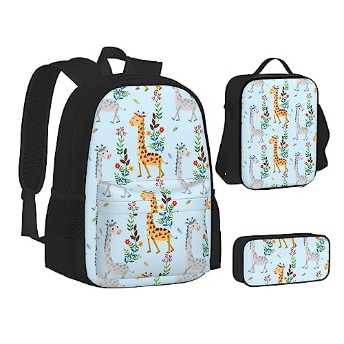 JCAKES Kinder Schultasche Rucksack Niedliche Giraffe Blumen Reise Tagesrucksack Lunchtasche Federmäppchen 3 in 1 Rucksäcke Sets Schwarz, Schwarz , Einheitsgröße, Kinderrucksack von JCAKES