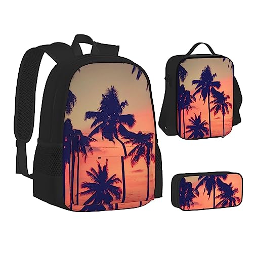 JCAKES Kinder Schultasche Rucksack Palme Sommer Sonnenuntergang Reise Tagesrucksack Lunchtasche Federmäppchen 3 in 1 Rucksäcke Sets Schwarz, Schwarz , Einheitsgröße, Kinderrucksack von JCAKES