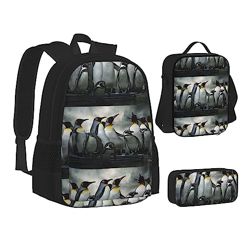 JCAKES Kinder Schultasche Rucksack Pinguin Familie Reise Tagesrucksack Lunchtasche Federmäppchen 3 in 1 Rucksäcke Sets Schwarz, Schwarz , Einheitsgröße, Kinderrucksack von JCAKES