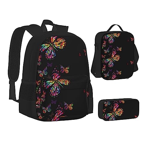 JCAKES Kinder Schultasche Rucksack Pretty Butterfly Travel Daypack Lunch Bag Federmäppchen 3 in 1 Rucksäcke Sets Schwarz, Schwarz , Einheitsgröße, Kinderrucksack von JCAKES