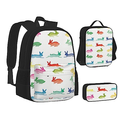 JCAKES Kinder Schultasche Rucksack Regenbogen Kaninchen Reise Tagesrucksack Lunchtasche Federmäppchen 3 in 1 Rucksäcke Sets Schwarz, Schwarz , Einheitsgröße, Kinderrucksack von JCAKES