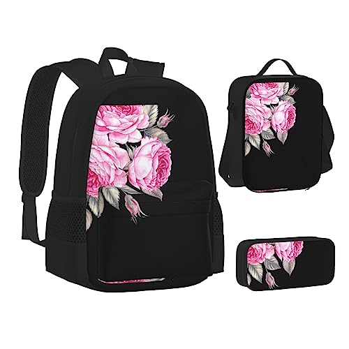 JCAKES Kinder Schultasche Rucksack Rosa Blumen Reise Tagesrucksack Lunchtasche Federmäppchen 3 in 1 Rucksäcke Sets Schwarz, Schwarz , Einheitsgröße, Kinderrucksack von JCAKES