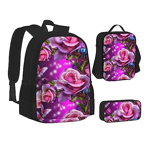 JCAKES Kinder Schultasche Rucksack Rose und Schmetterlinge Rosa Reise Tagesrucksack Lunchtasche Federmäppchen 3 in 1 Rucksäcke Sets Schwarz, Schwarz , Einheitsgröße, Kinderrucksack von JCAKES