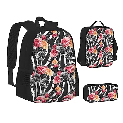 JCAKES Kinder Schultasche Rucksack Rosen Blumen Zebra Streifen Reise Tagesrucksack Lunchtasche Federmäppchen 3 in 1 Rucksäcke Sets Schwarz, Schwarz , Einheitsgröße, Kinderrucksack von JCAKES