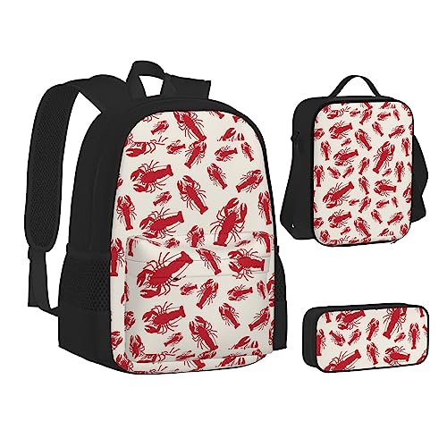 JCAKES Kinder Schultasche Rucksack Rot Hummer Reise Tagesrucksack Lunchtasche Federmäppchen 3 in 1 Rucksäcke Sets Schwarz, Schwarz , Einheitsgröße, Kinderrucksack von JCAKES