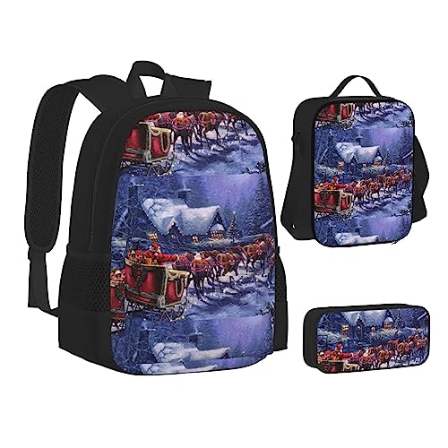 JCAKES Kinder Schultasche Rucksack Schnee Nacht Weihnachtsmann und Hirsch Reise Tagesrucksack Lunchtasche Federmäppchen 3 in 1 Rucksäcke Sets Schwarz, Schwarz , Einheitsgröße, Kinderrucksack von JCAKES