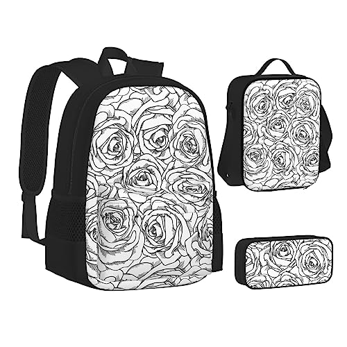 JCAKES Kinder Schultasche Rucksack Schwarz Weiß Rose Reise Tagesrucksack Lunchtasche Federmäppchen 3 in 1 Rucksäcke Sets Schwarz, Schwarz , Einheitsgröße, Kinderrucksack von JCAKES