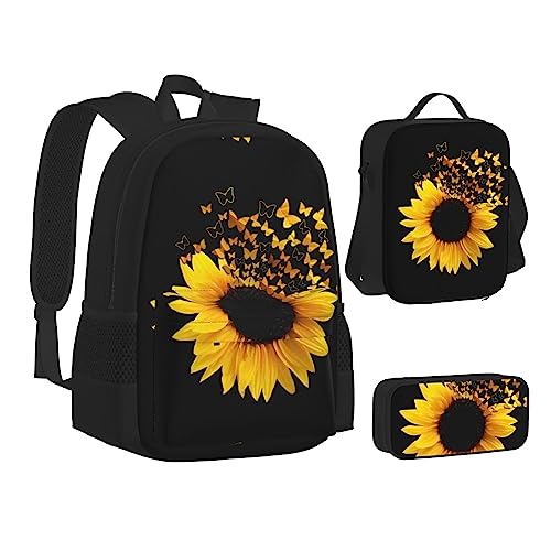 JCAKES Kinder Schultasche Rucksack Sonnenblume Blumen Schmetterlinge Kunst Reise Tagesrucksack Lunchtasche Federmäppchen 3 in 1 Rucksäcke Sets Schwarz, Schwarz , Einheitsgröße, Kinderrucksack von JCAKES